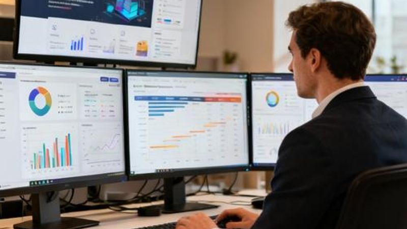 Data analyst comparing AI tools on multiple computer screens with charts and analytics dashboards
