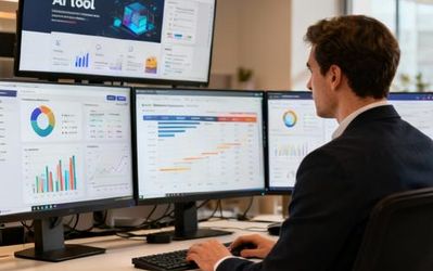 Data analyst comparing AI tools on multiple computer screens with charts and analytics dashboards