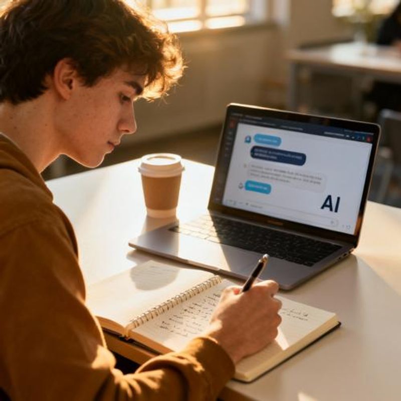 Student having animated conversation with AI chat bot while taking notes