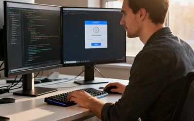 Developer working on AI Plus login integration on multiple monitors