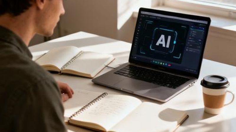 Content creator using AI tools on laptop with creative workspace setup