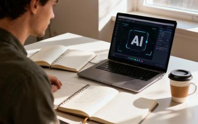 Content creator using AI tools on laptop with creative workspace setup