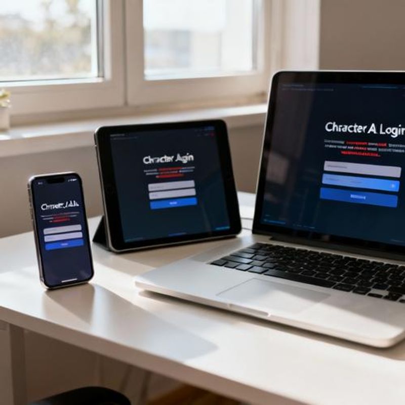 Multiple devices showing Character.AI login interface with various error states