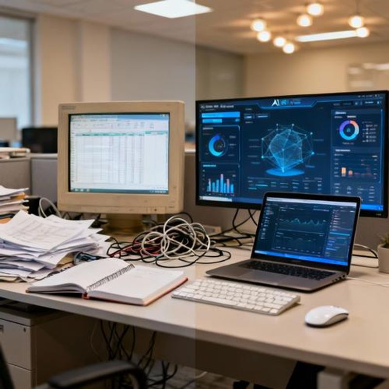 Before and after comparison of analyst workspace showing increased efficiency with AI tools