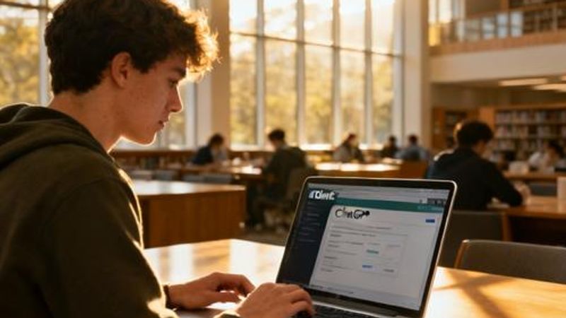 Student using ChatGPT AI app on laptop in modern library setting