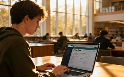 Student using ChatGPT AI app on laptop in modern library setting