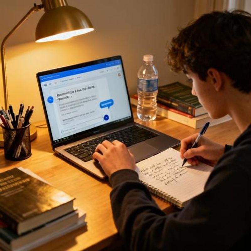 Student collaborating with AI chatbot interface for study assistance