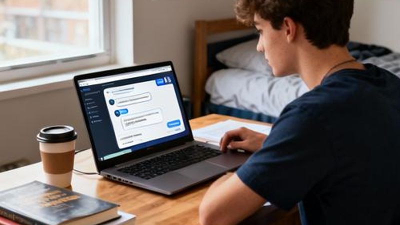 Student using AI chatbot for English learning on laptop