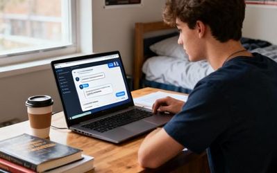 Student using AI chatbot for English learning on laptop