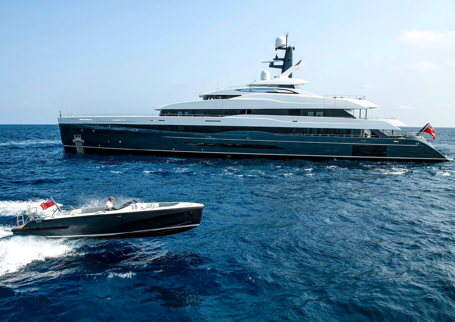 Detailed blueprint-style design illustration of a modern luxury yacht showing deck layout and technical features.