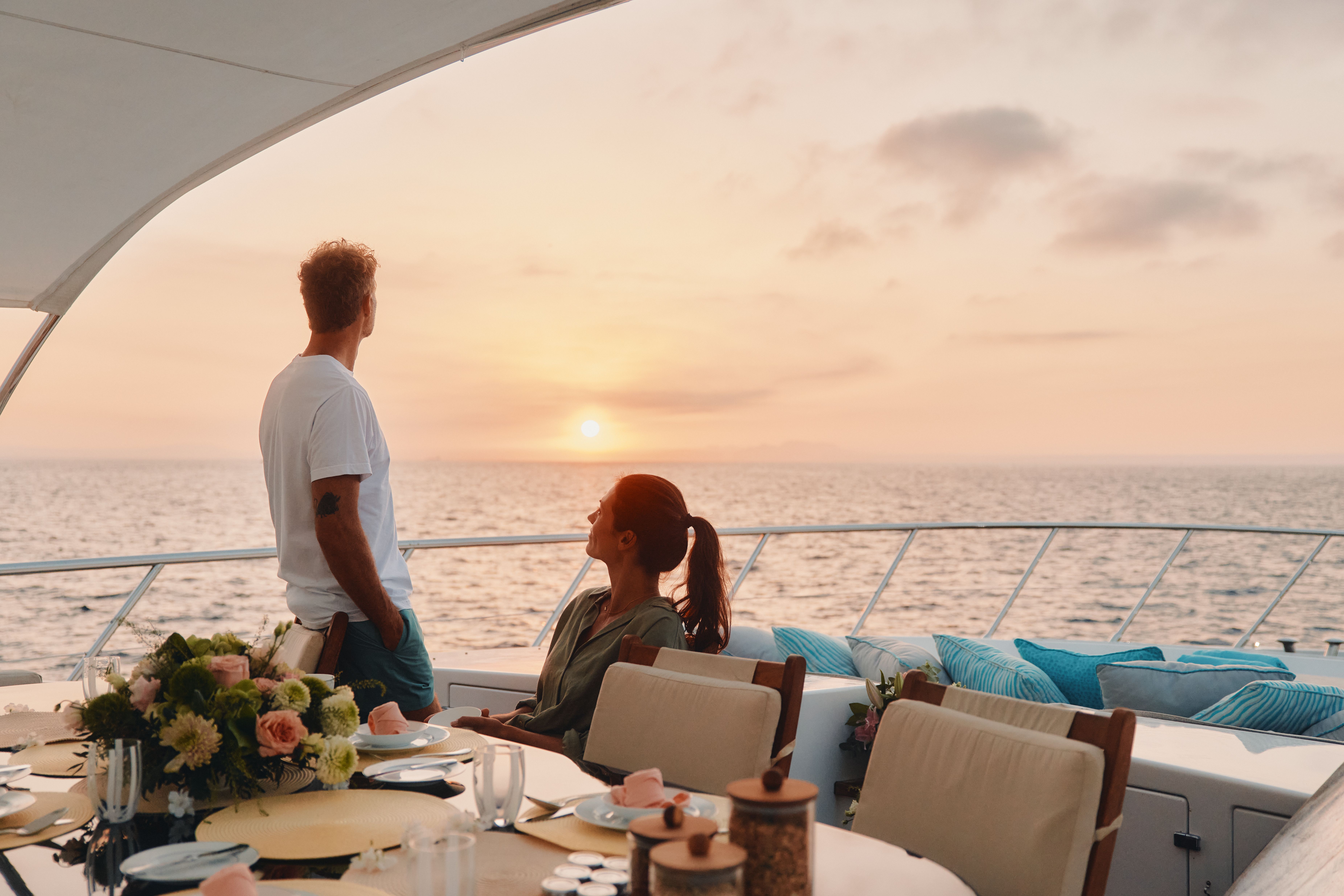 Sunlit lounge area aboard luxury yacht