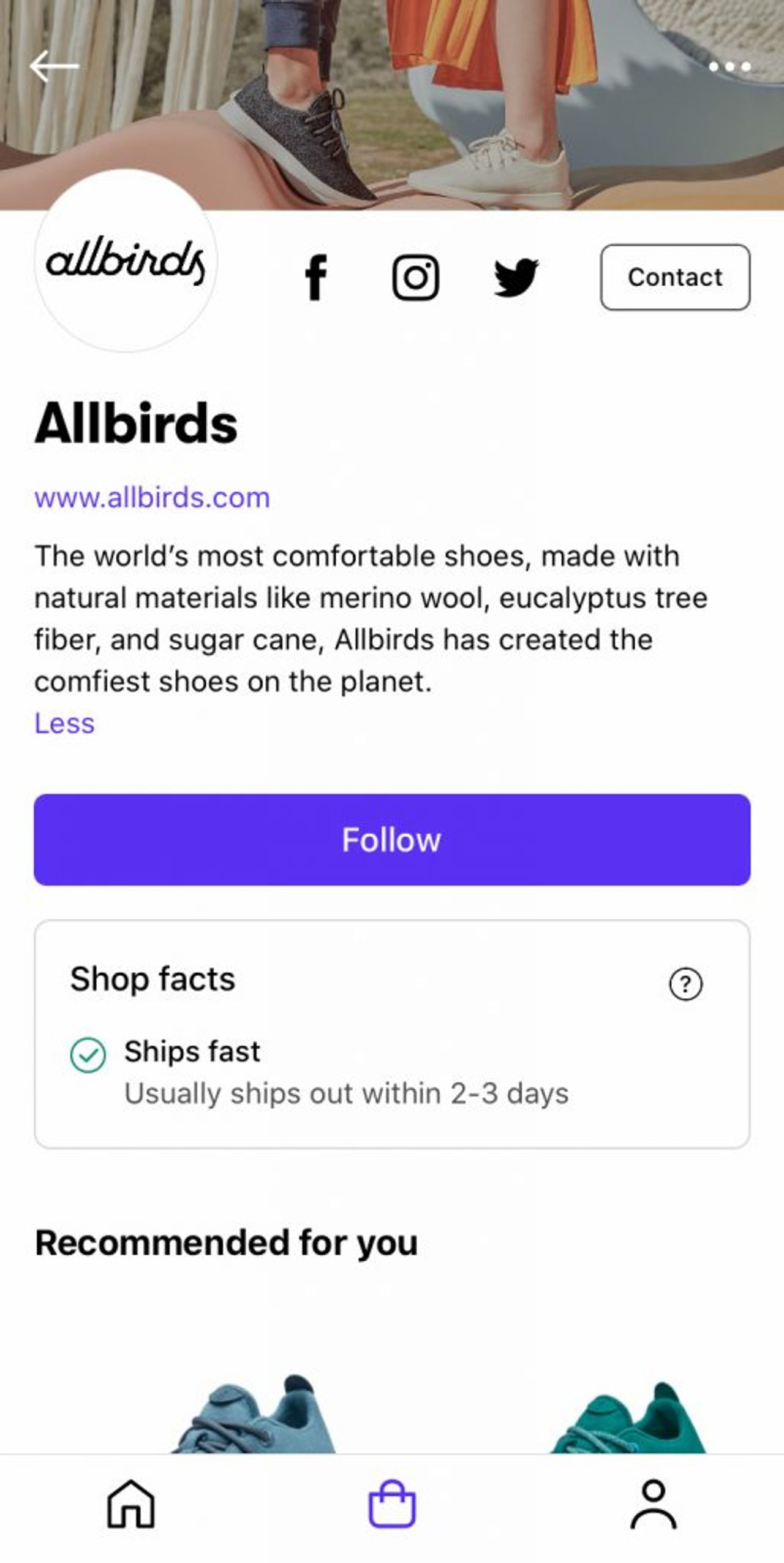 Allbirds Shopify Shop Profile Page