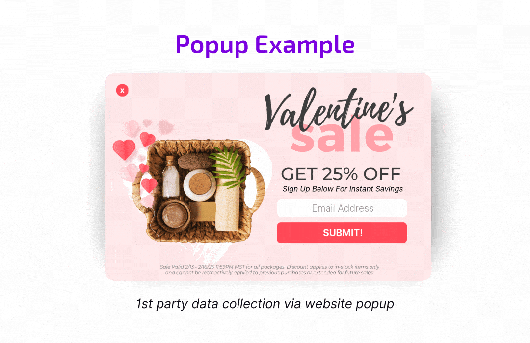 Popup example of a valentine's sale to collect email addresses