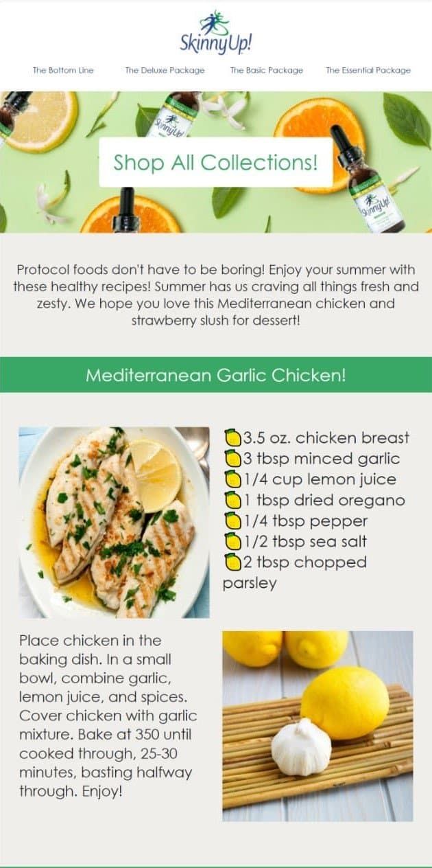 Skinny Up! email with a Mediterranean garlic chicken recipe