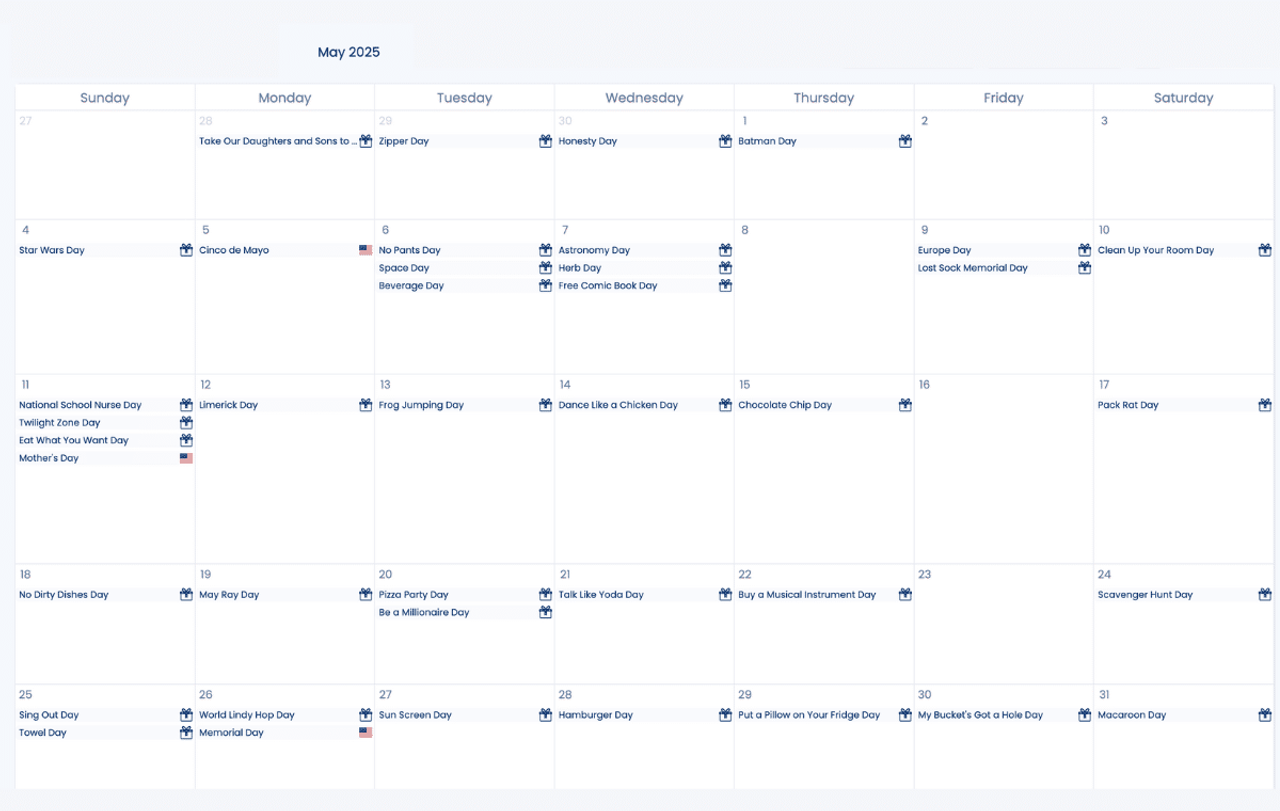 Seasonal marketing calendar with relevant dates for May 2025