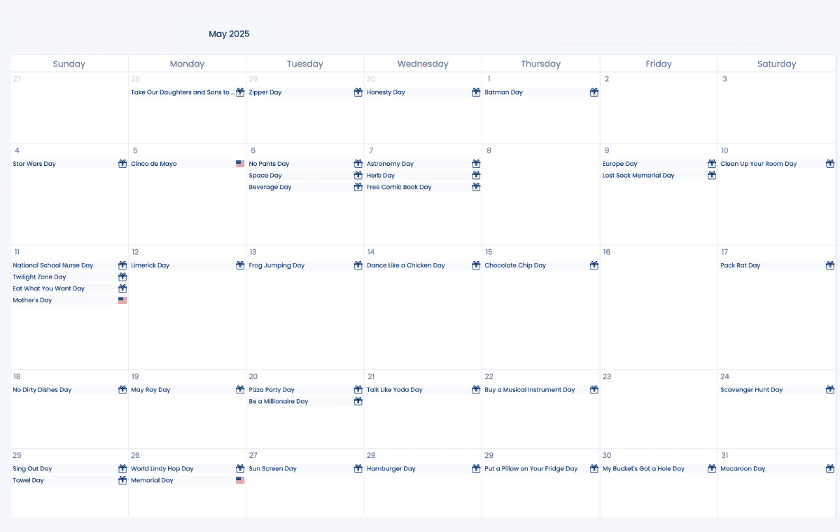 Seasonal marketing calendar with relevant dates for May 2025