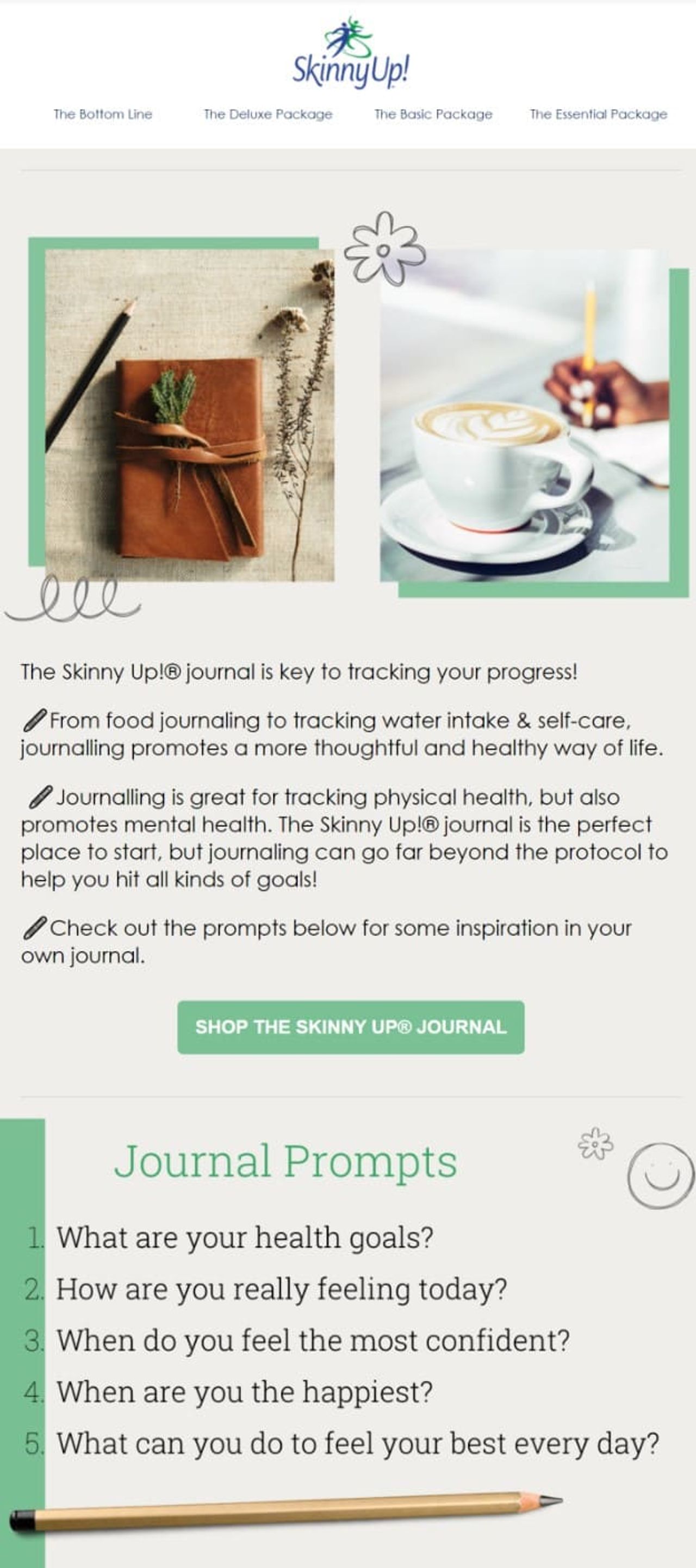 Skinny Up! email promoting its journal, with journaling prompts