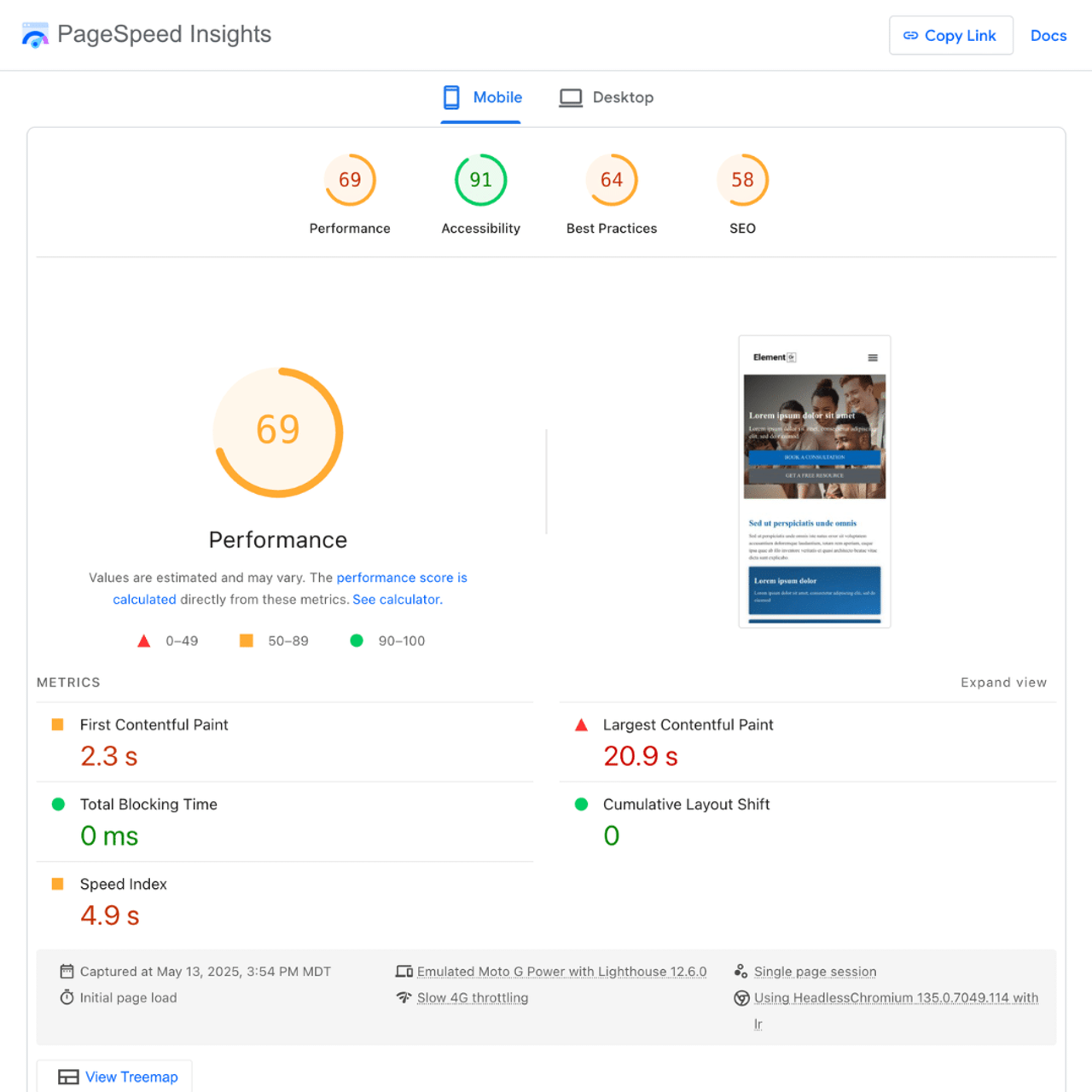 Google Page Speed Insights report example