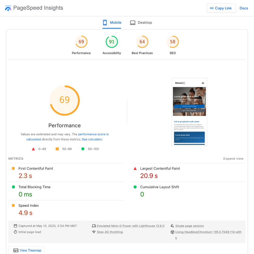 Google Page Speed Insights report example
