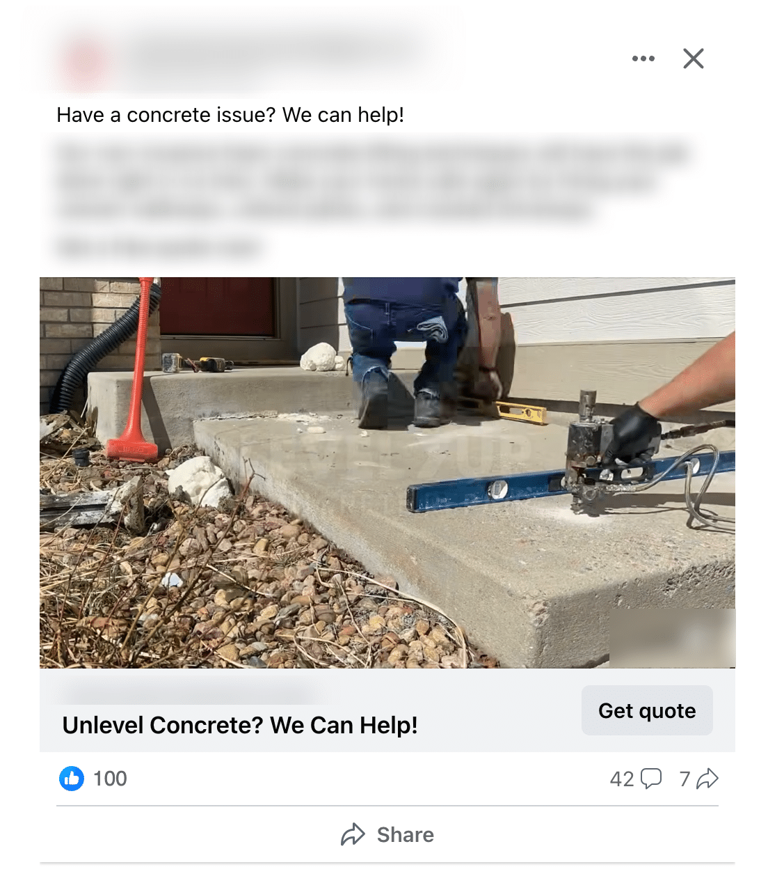 Social media example of a timelapse video with social engagement for a concrete leveling company