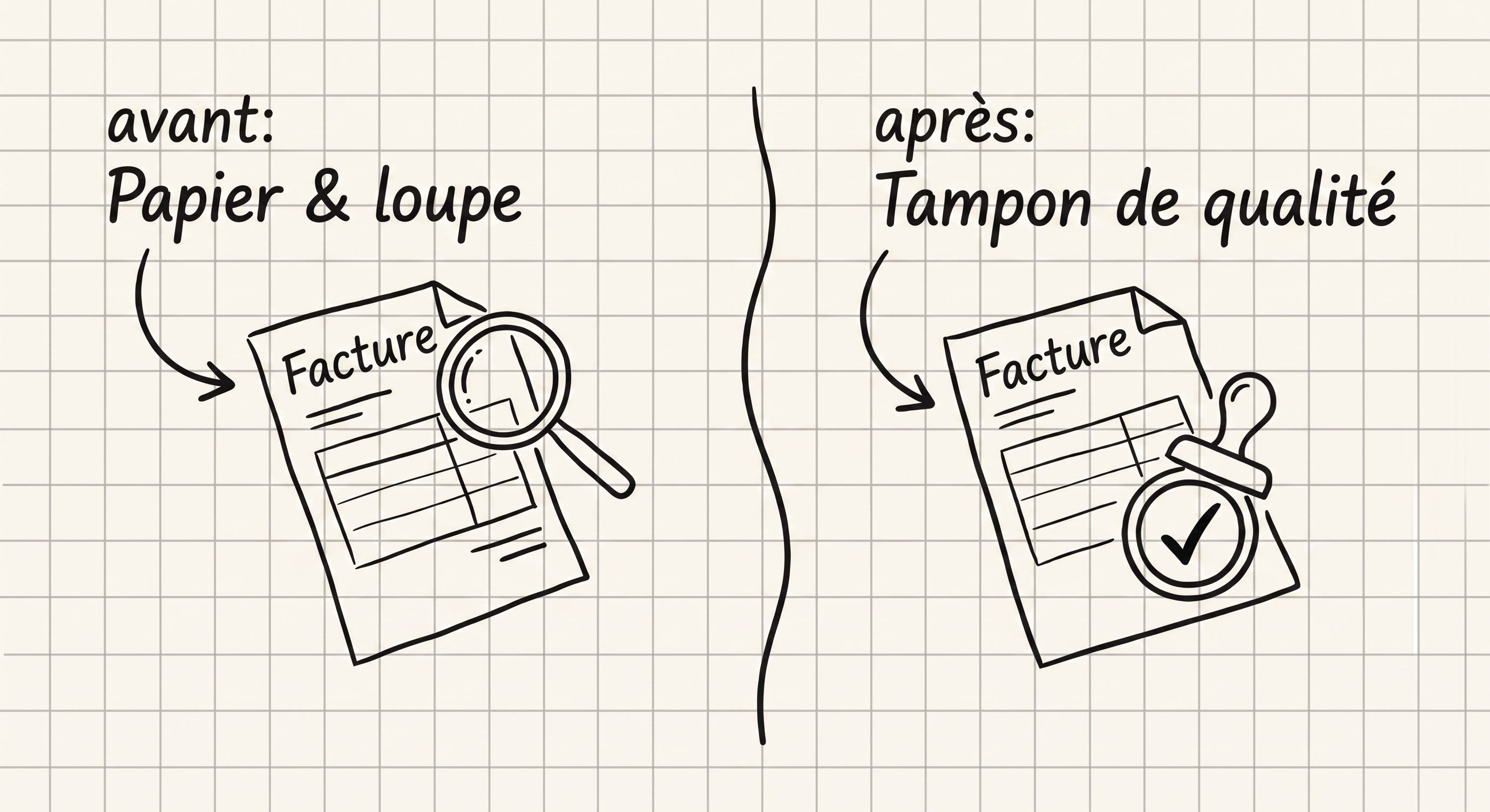 Croquis avant-après : vérifier une facture avec papier et loupe, puis une facture avec tampon de qualité
