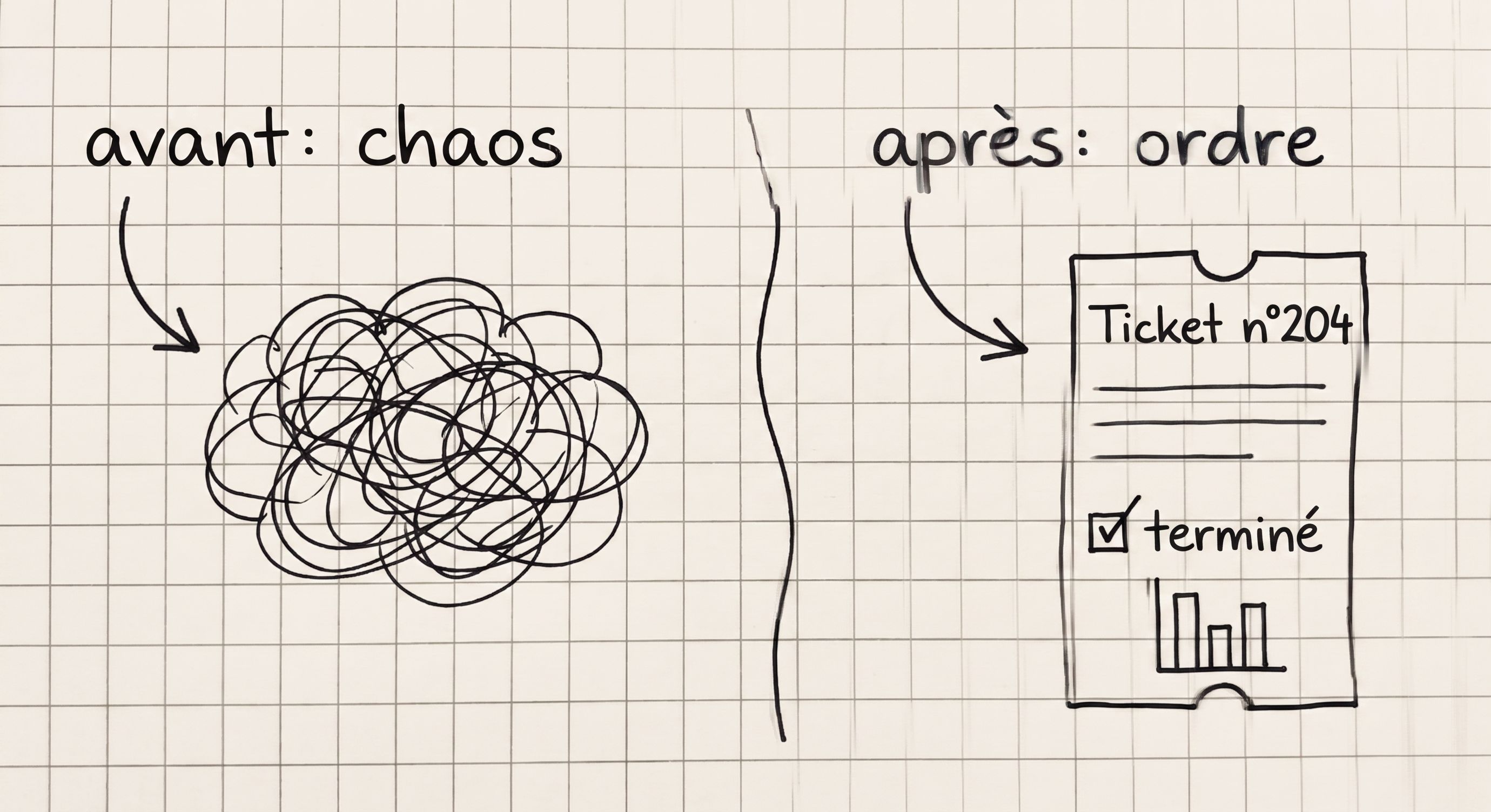 Croquis avant-après : le chaos en pelote, puis l'ordre avec un ticket terminé