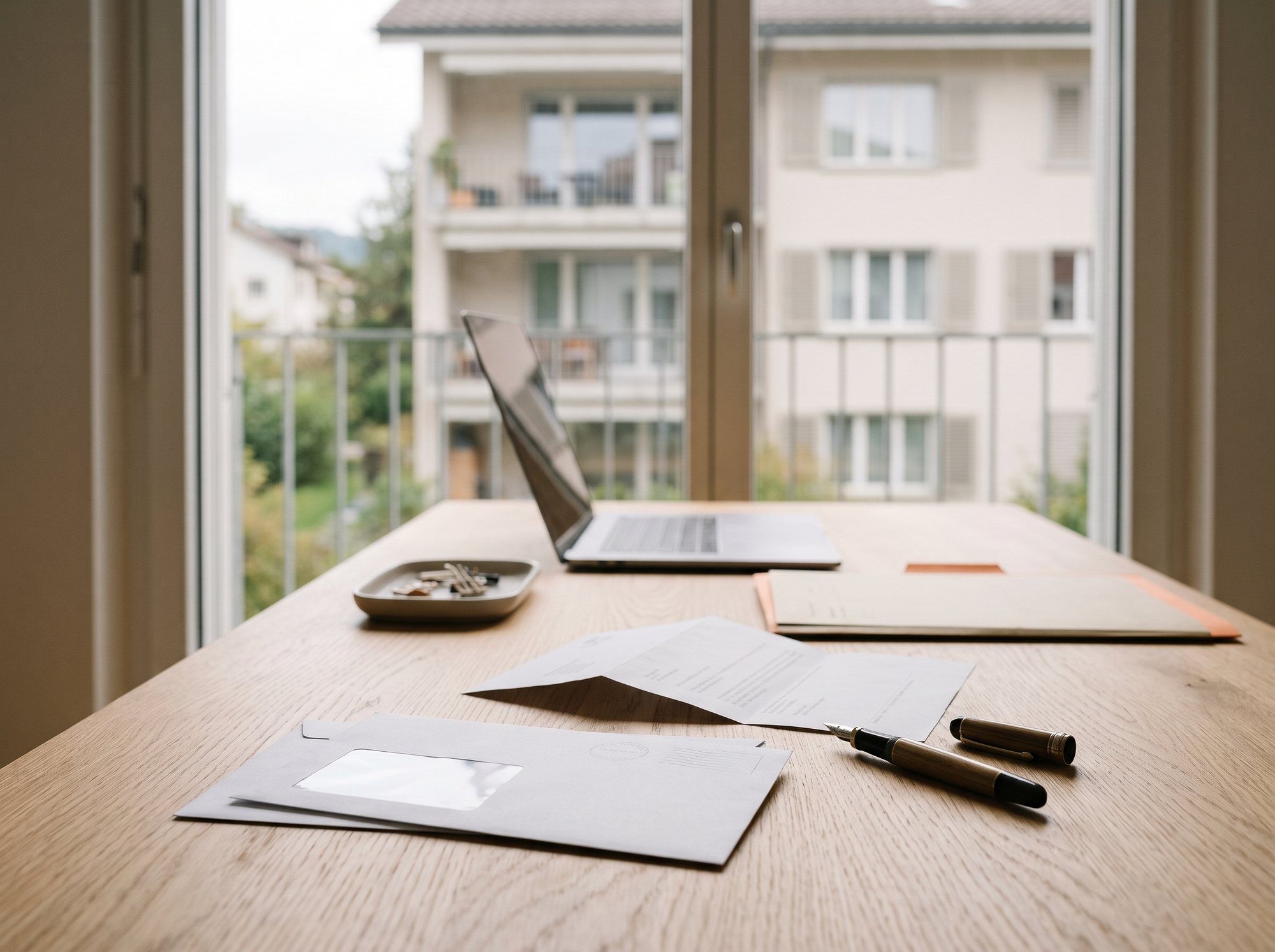 Schreibtisch einer Verwaltung mit Brief, Umschlag und Laptop, im Hintergrund ein Wohnhaus