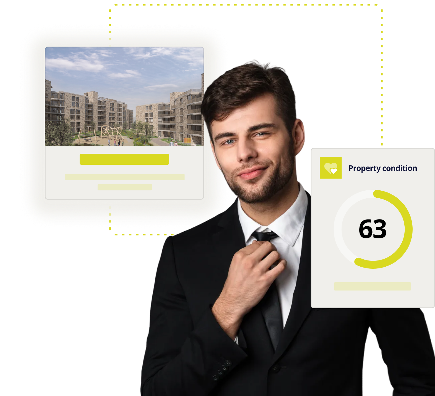 Homme en costume avec l'évaluation de l'état d'un immeuble