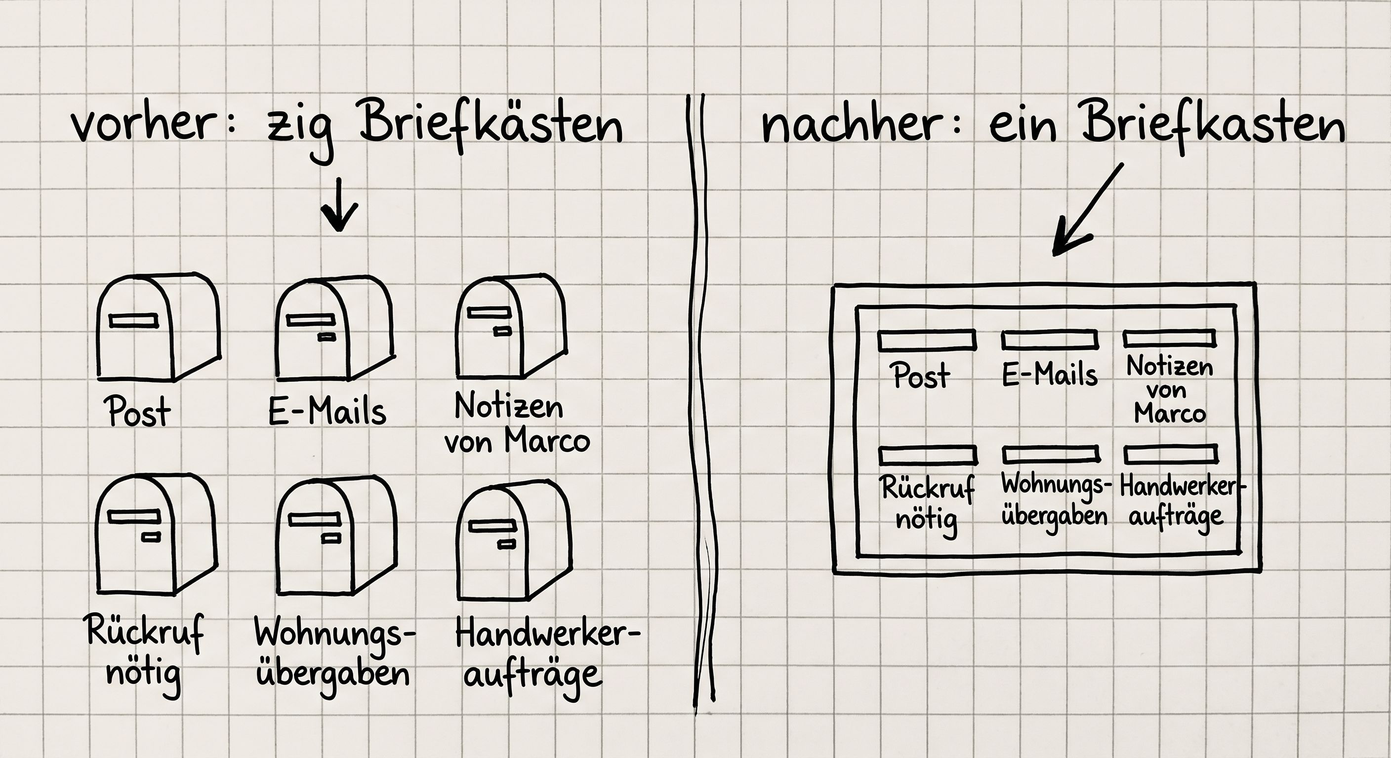 Skizze vorher und nachher: viele Briefkästen für Post, E-Mails, Notizen, Rückrufe, Wohnungsübergaben und Handwerkeraufträge, danach ein einziger Briefkasten