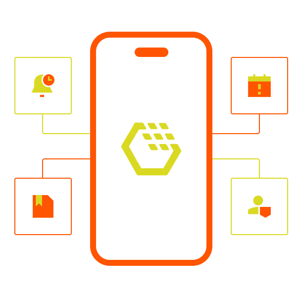 Smartphone avec le portail locataire Allthings et ses fonctions de notifications, rendez-vous, documents et contacts