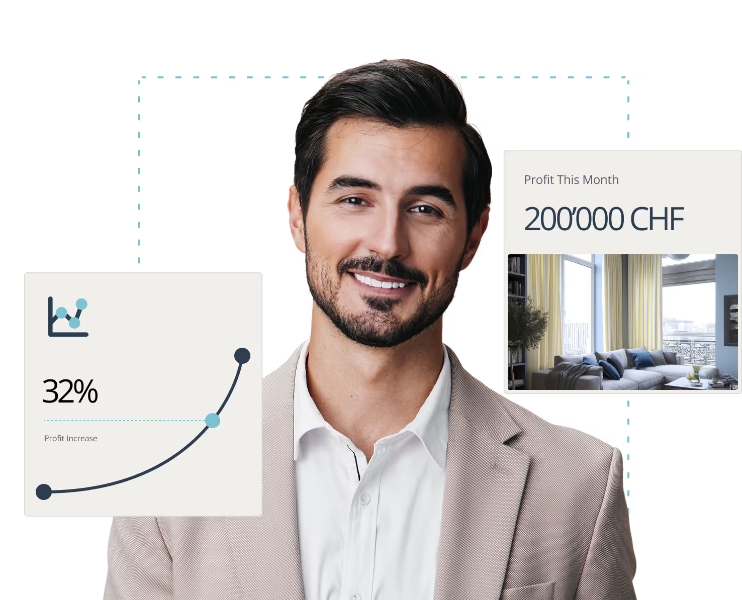 Homme souriant avec des indicateurs de hausse des bénéfices dans Allthings IMPULSE