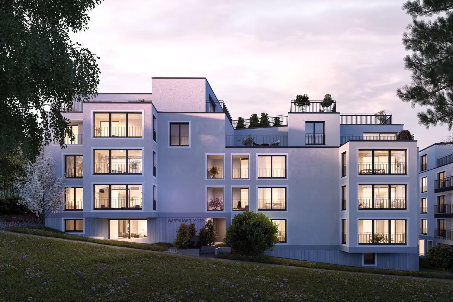 Immeuble résidentiel moderne au crépuscule