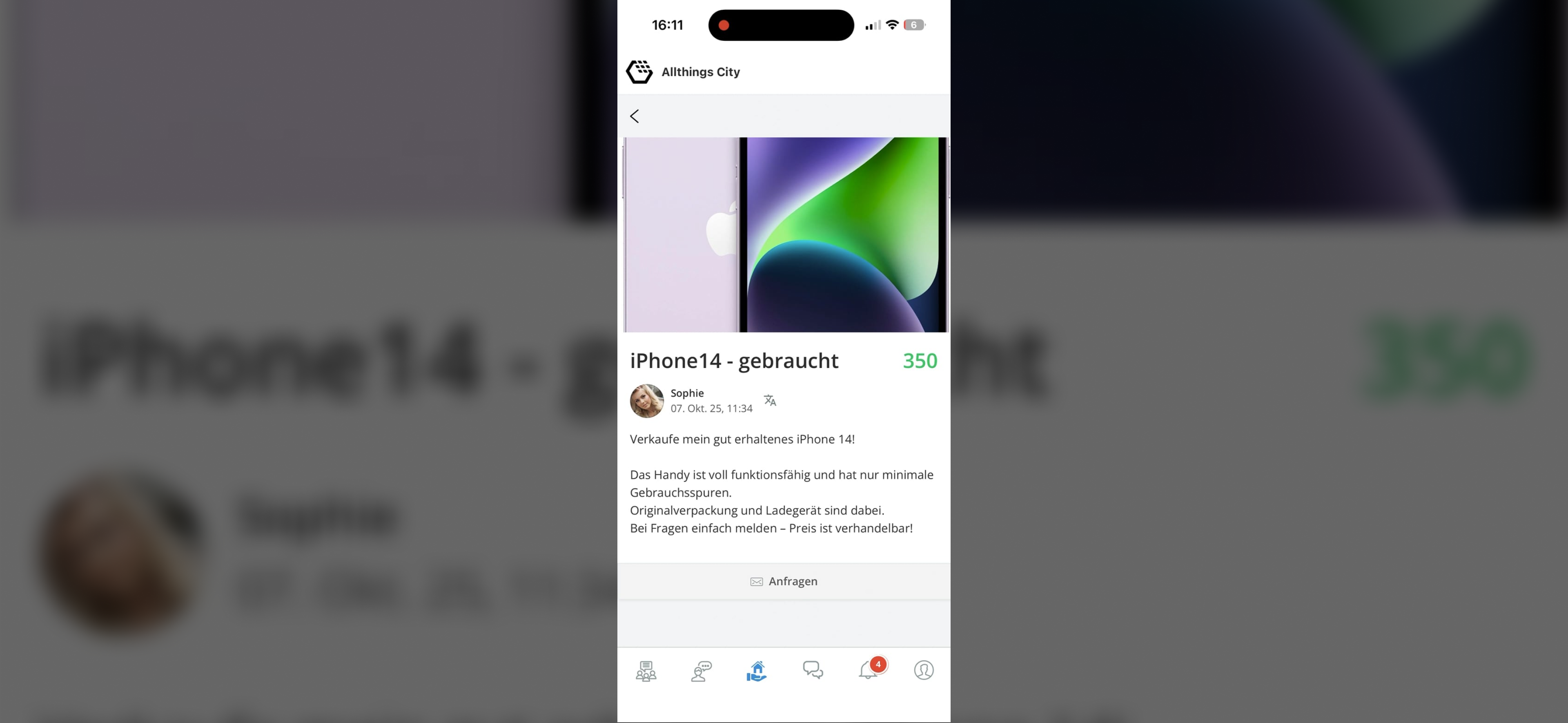 Annonce de la place de marché dans l'application Allthings sur smartphone