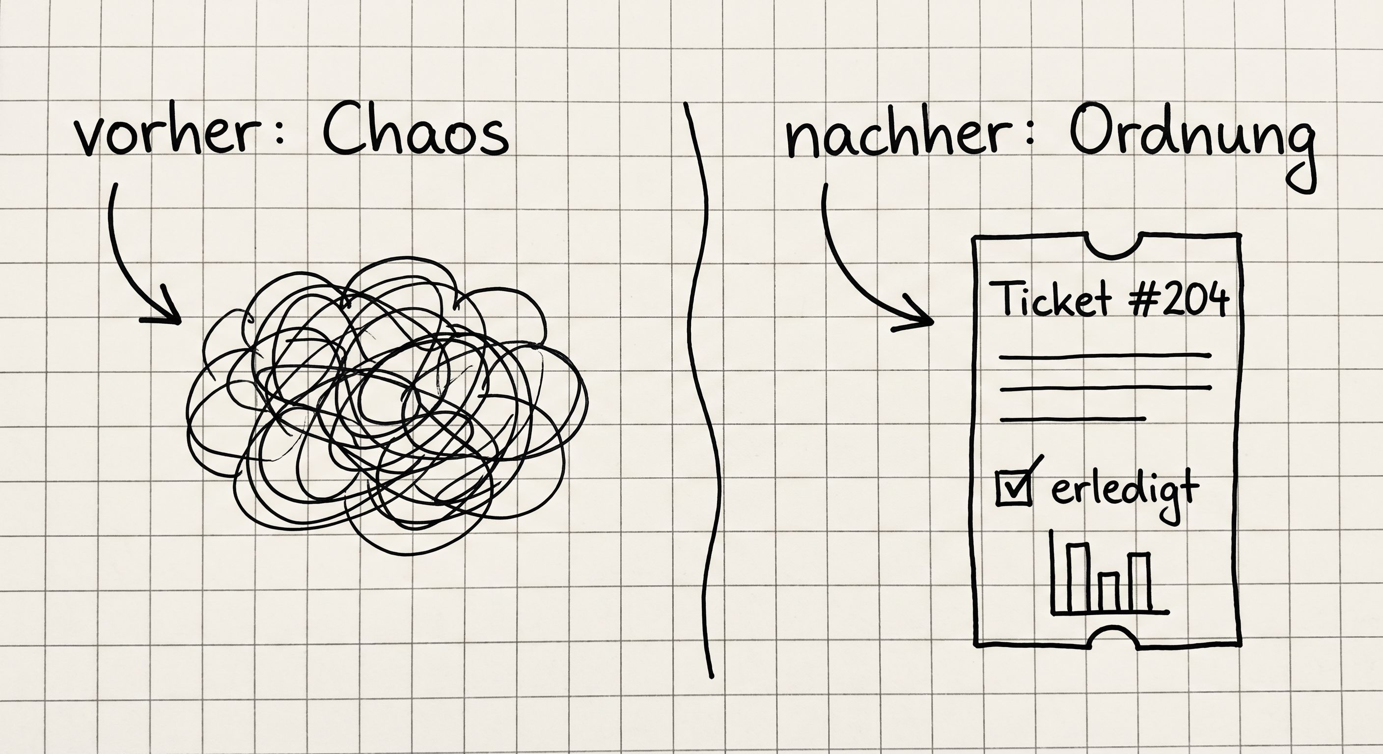 Skizze vorher und nachher: Chaos als Knäuel, danach Ordnung mit erledigtem Ticket
