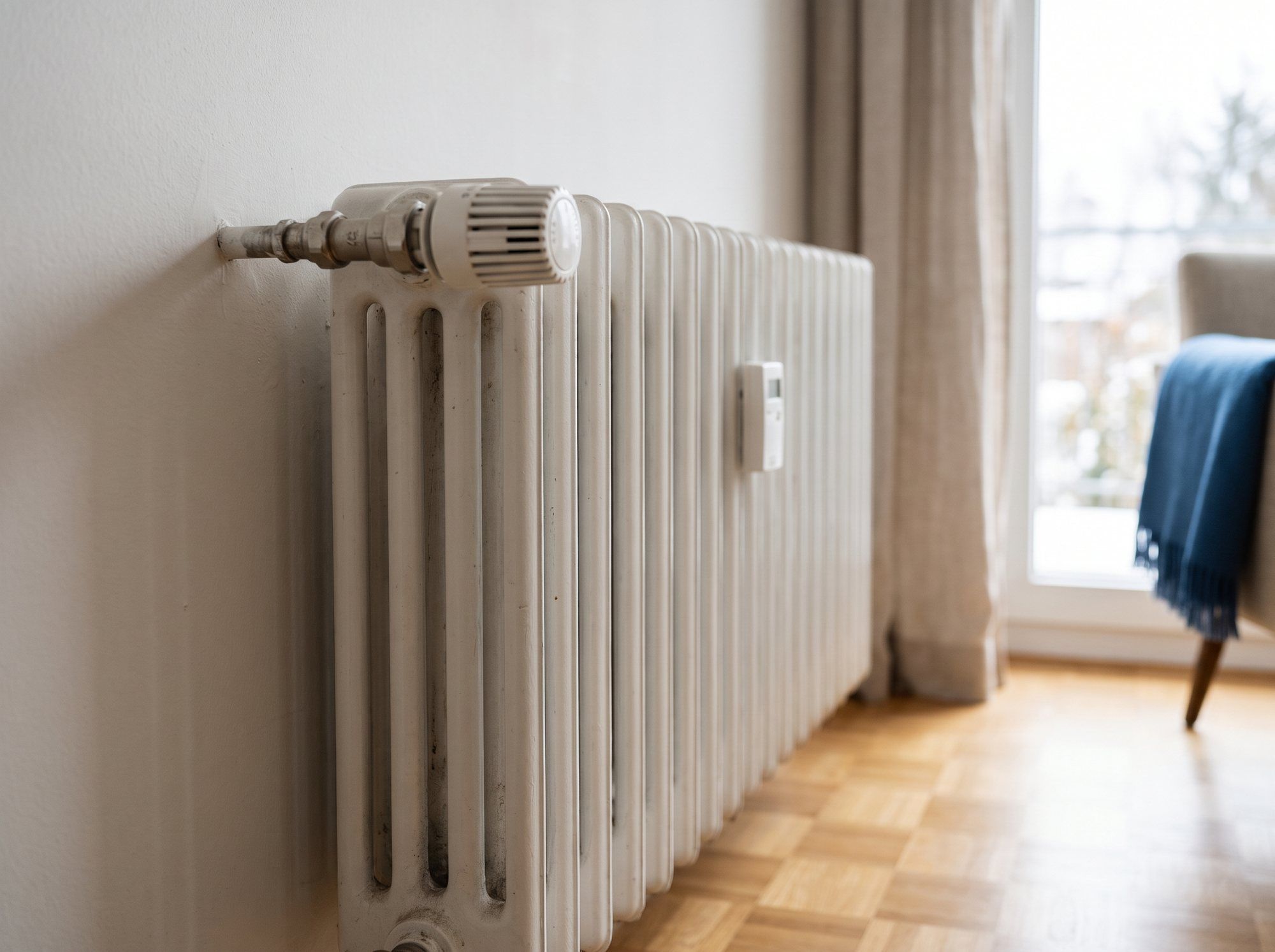 Heizkörper mit Thermostatventil und Heizkostenverteiler in einer Wohnung
