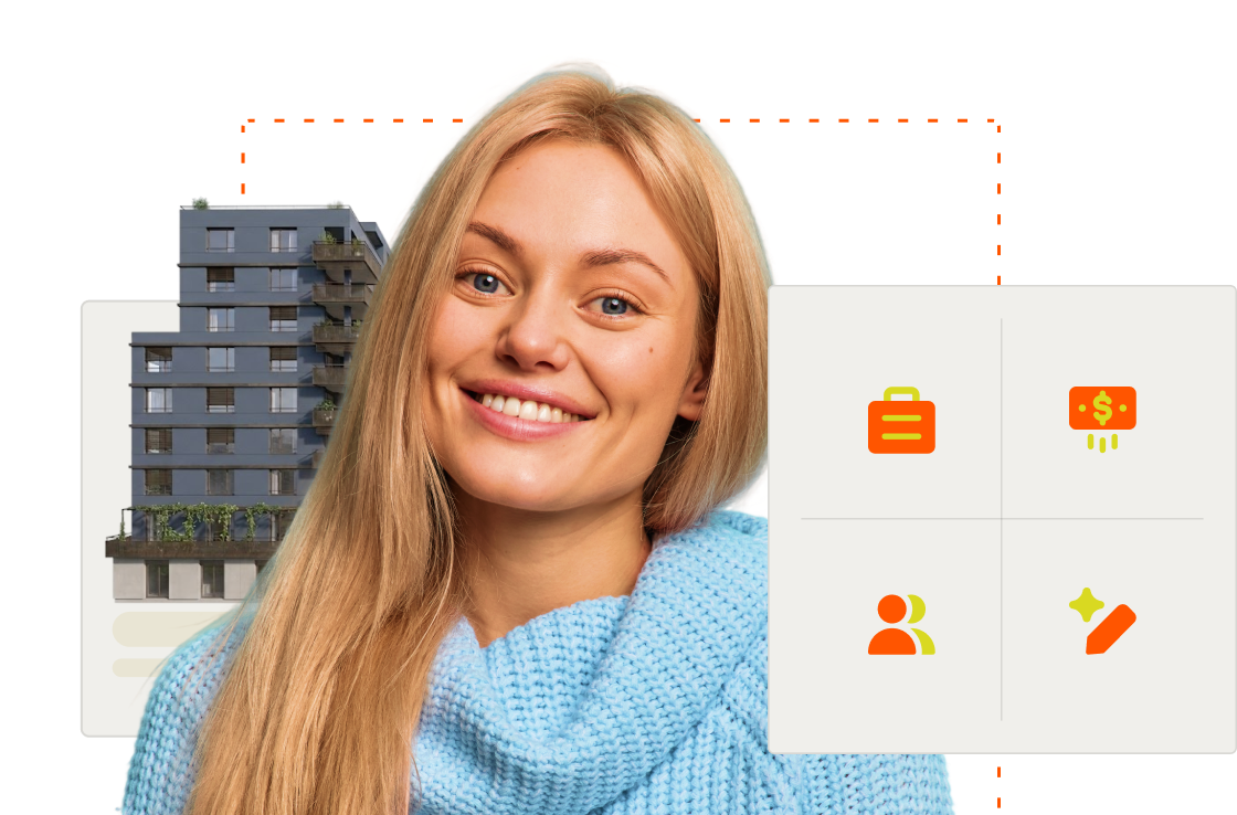 Femme souriante avec les fonctions du portail locataire Allthings