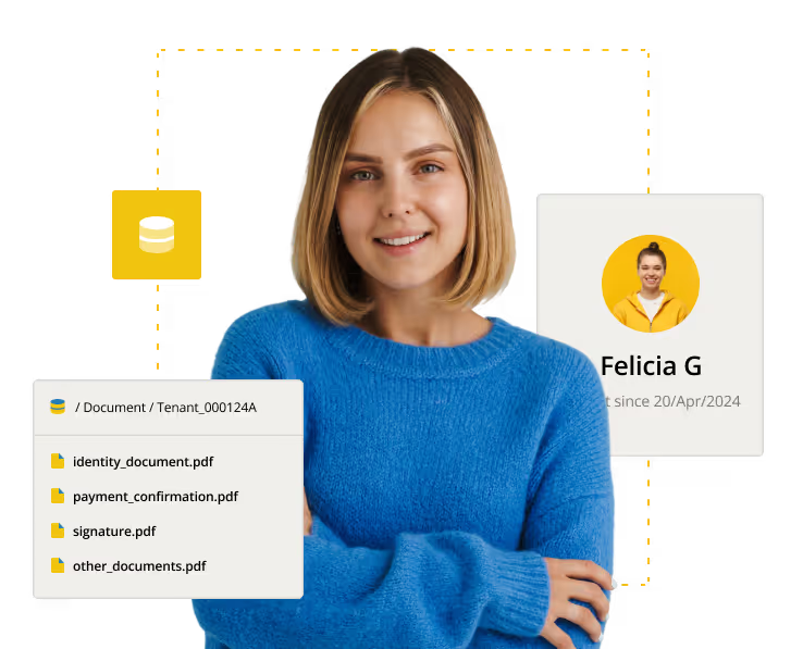 Femme souriante avec son dossier locataire et ses documents dans Allthings DOSSIER