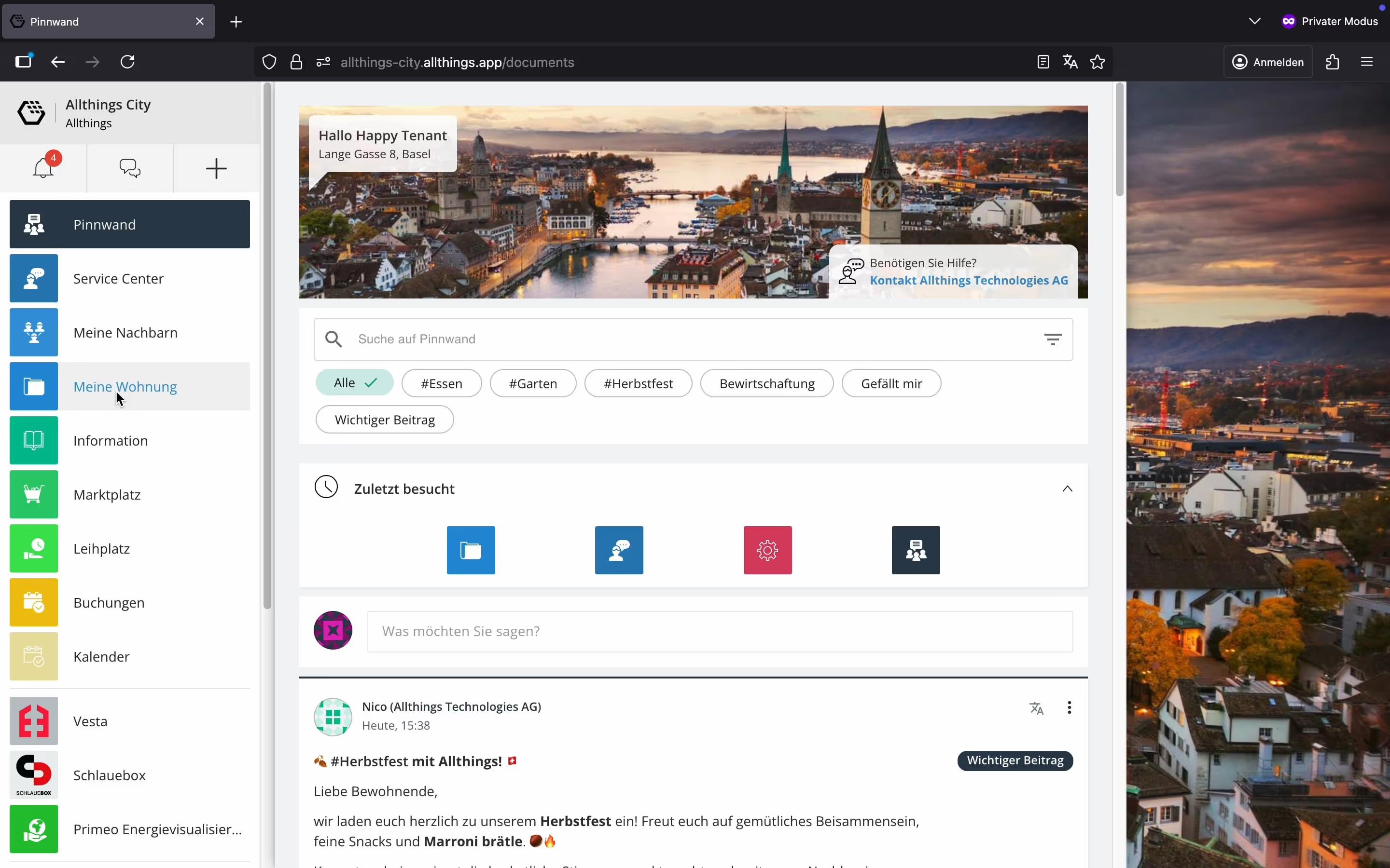 Tableau d'affichage du portail locataire Allthings dans le navigateur