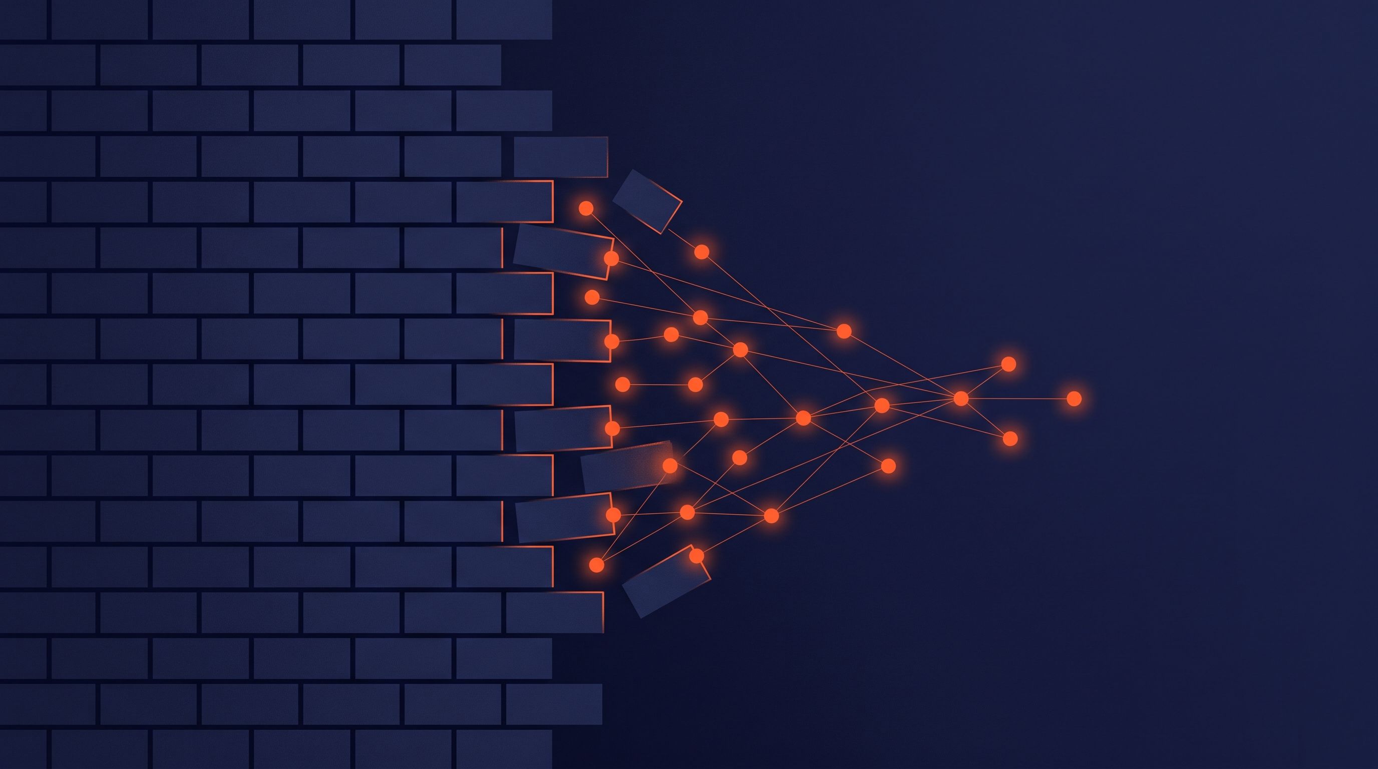 Illustration d'un mur de briques qui s'ouvre sur un réseau de points connectés