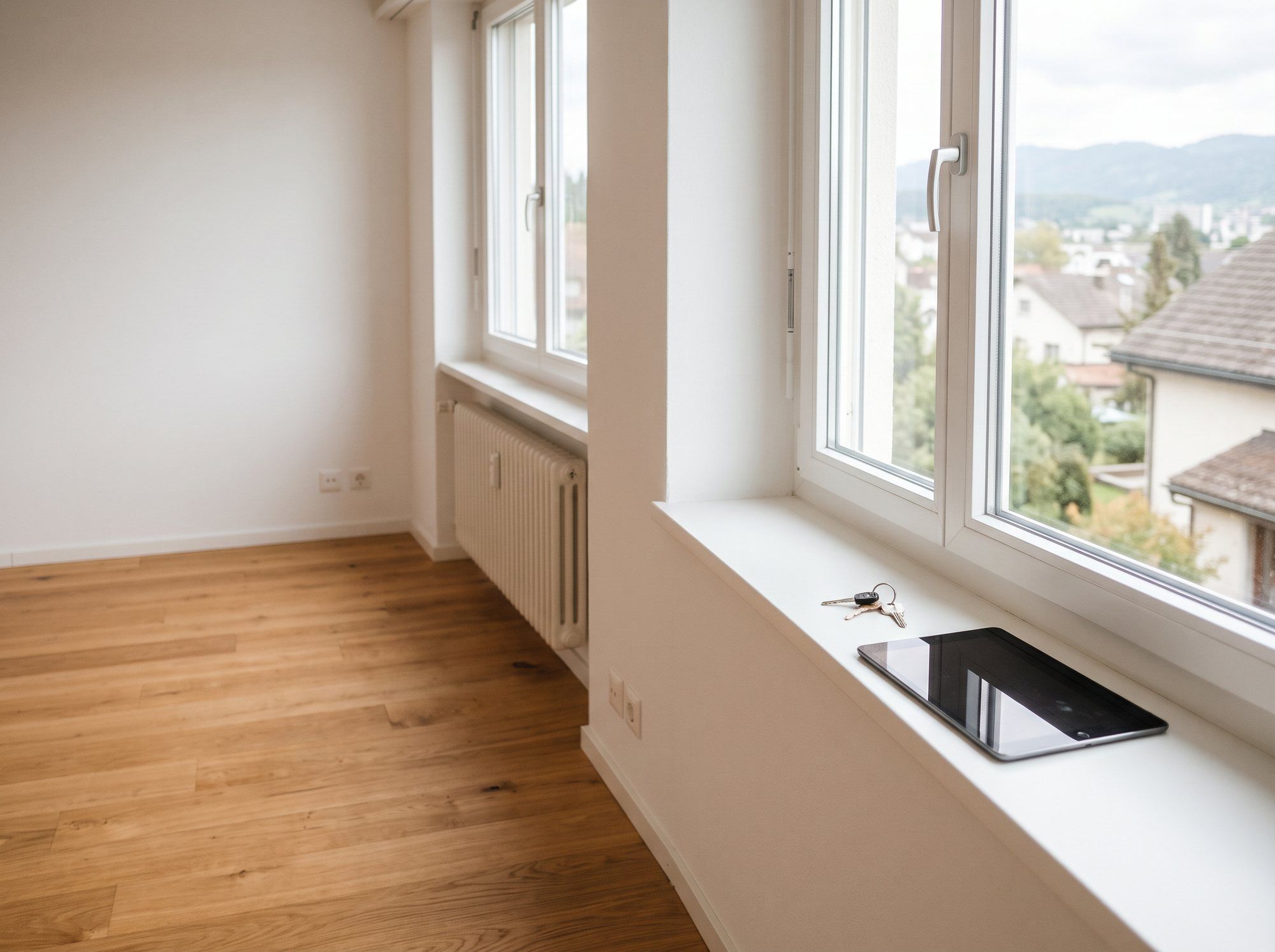 Leere, gereinigte Wohnung mit Parkett, Schlüssel und Tablet auf dem Fensterbrett