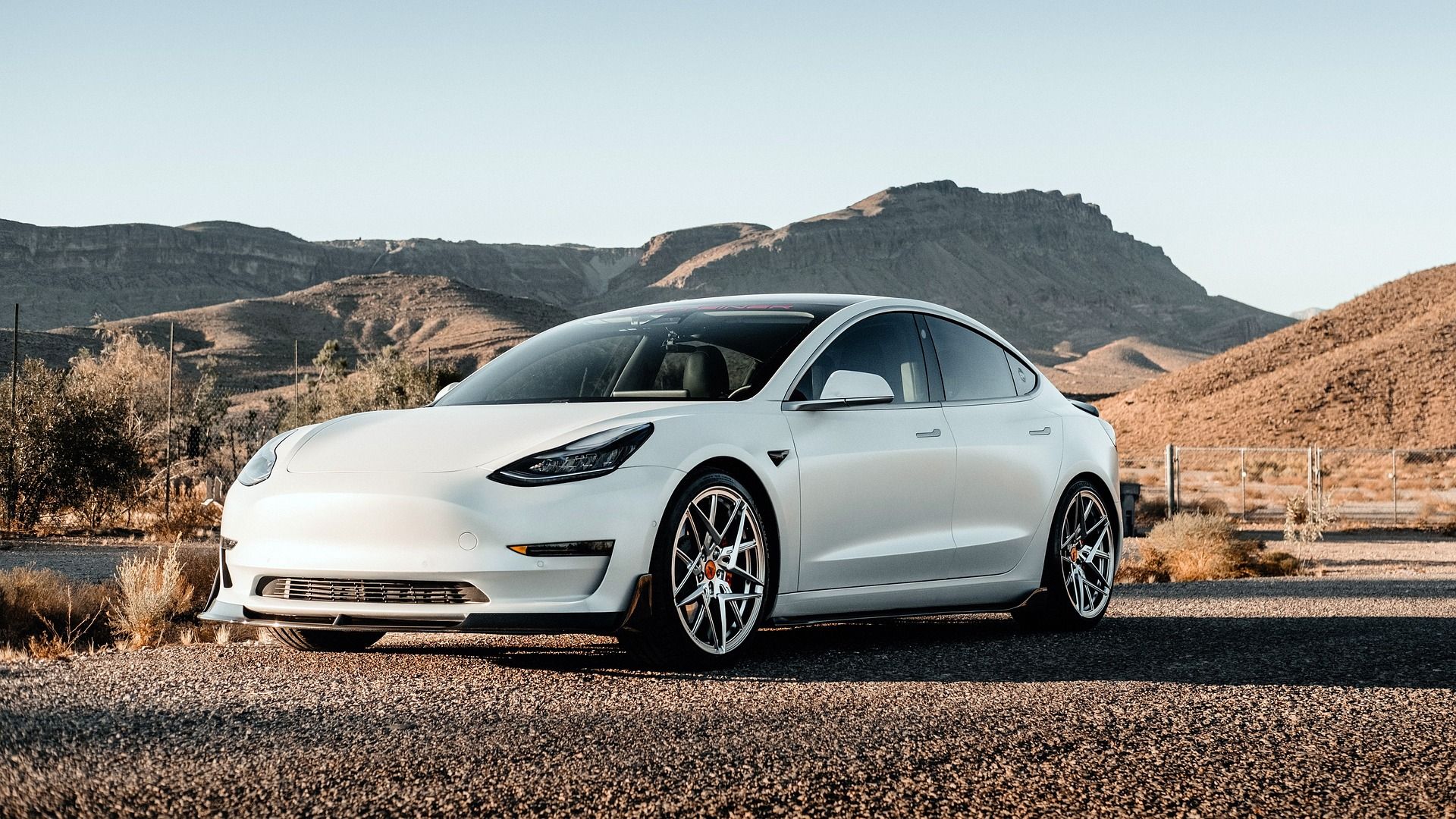 Tesla blanche devant un paysage de montagne