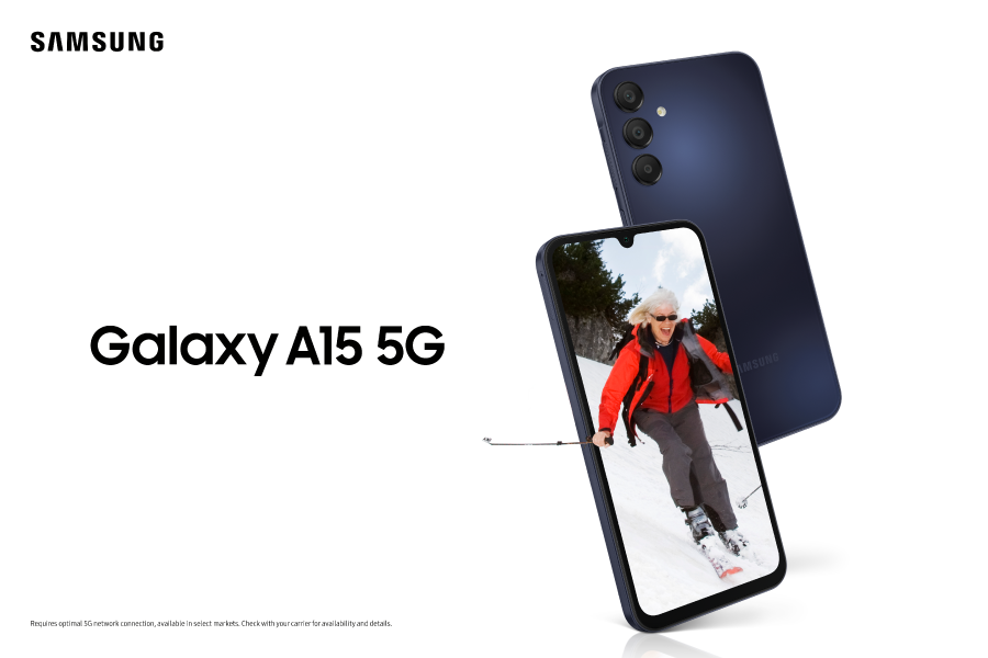Samsung Galaxy 15 5G with a woman skiing on the screen.