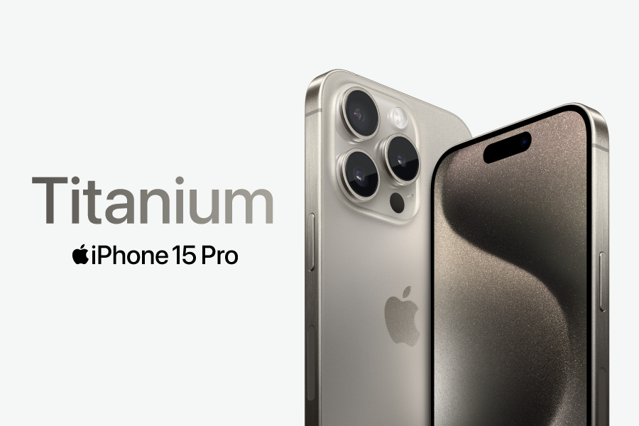 The image highlights the iPhone 15 & iPhone 15 Pro launch. The text states Titanium iPhone 15 Pro.