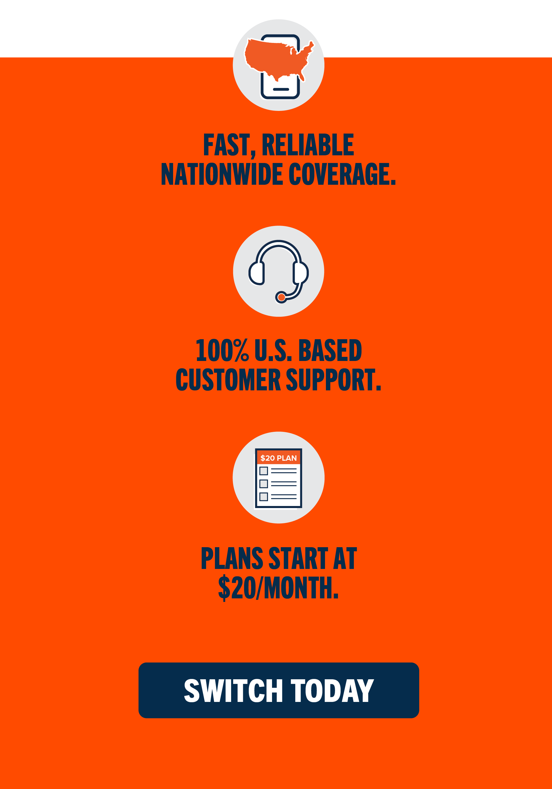 FAST, RELIABLE NATIONWIDE COVERAGE. 100% U.S. BASED CUSTOMER SUPPORT. PLANS START AT $20/MONTH.