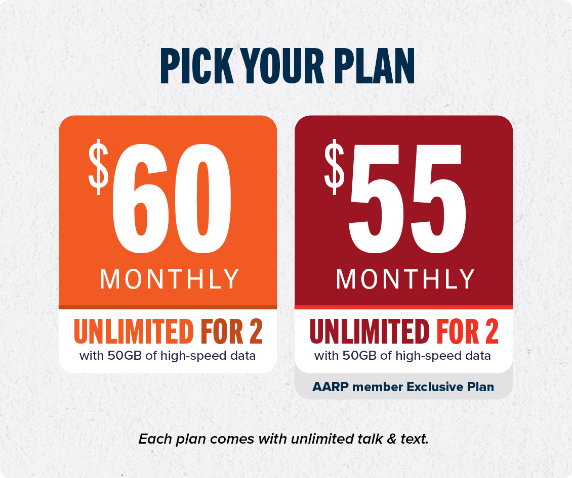 Pick your plan: $60 monthly unlimited for 2 | $55 monthly for 2 (AARP member exclusive plan). Each plan comes with unlimited talk & text.