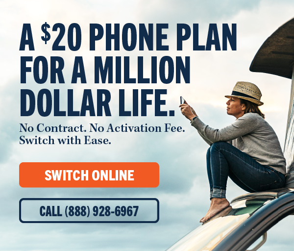 A $20 phone plan for a million dollar life. No Contract. No Activation Fee. Switch with Ease. Switch Online. Call (888) 928-6967. Woman with hat sitting on top of vehicle looking at her phone.