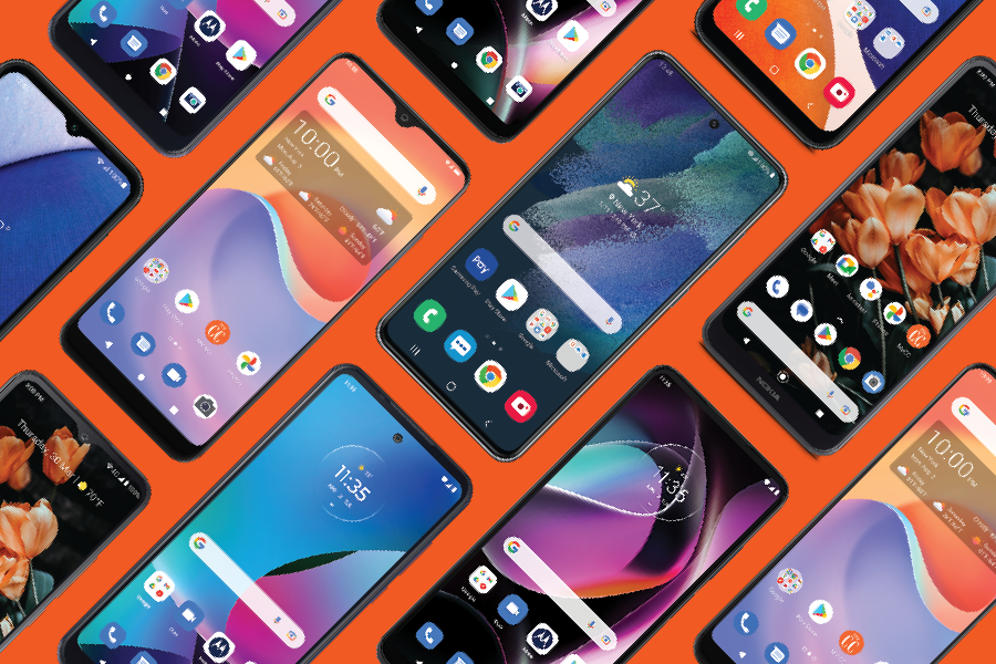 Consumer Cellular smartphones lined up for a background wallpaper.