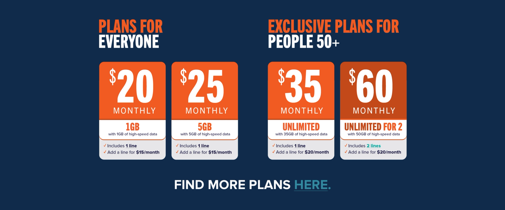 Plans for everyone $20 Monthly 1GB - $25 Monthly 5GB | Exclusive Plans for 50+ $35 Monthly Unlimited - $60 Monthly Unlimited for 2