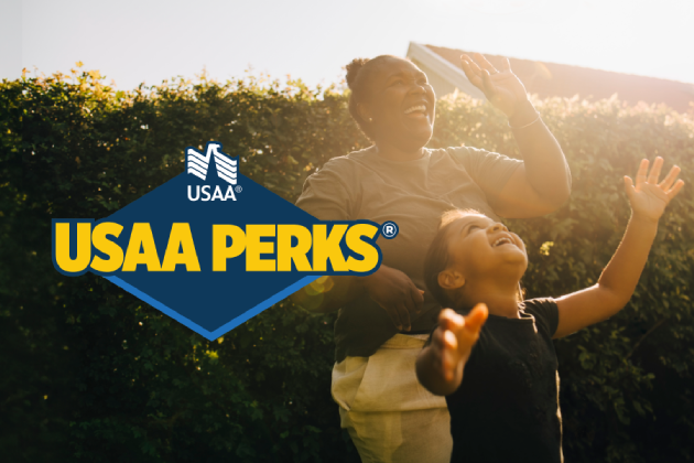 Woman with her child celebrating USAA Perks.