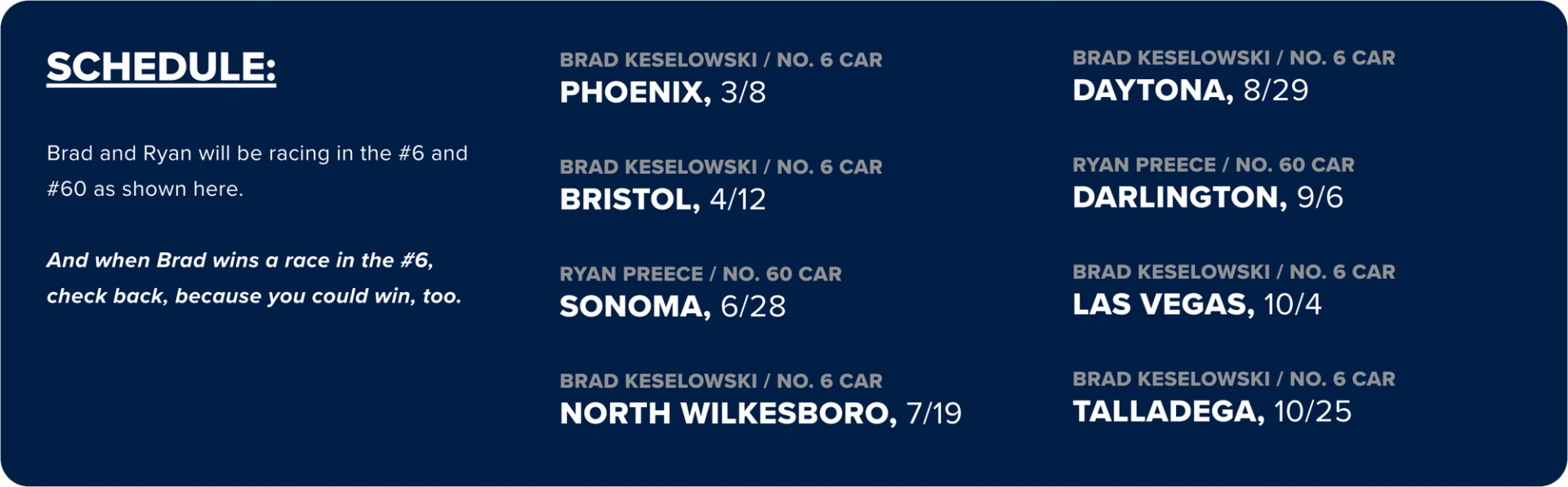 SCHEDULE: Brad and Ryan will be racing in the #6 and #60 as shown here. And when Brad wins a race in the #6, check back, because you could win, too. BRAD KESELOWSKI / NO. 6 CAR PHOENIX, 3/8 BRAD KESELOWSKI / NO. 6 CAR BRISTOL, 4/12 RYAN PREECE / NO. 60 CAR SONOMA, 6/28 BRAD KESELOWSKI / NO. 6 CAR NORTH WILKESBORO, 7/19 BRAD KESELOWSKI / NO. 6 CAR DAYTONA, 8/29 RYAN PREECE / NO. 60 CAR DARLINGTON, 9/6 BRAD KESELOWSKI / NO. 6 CAR LAS VEGAS, 10/4 BRAD KESELOWSKI / NO. 6 CAR TALLADEGA, 10/25
